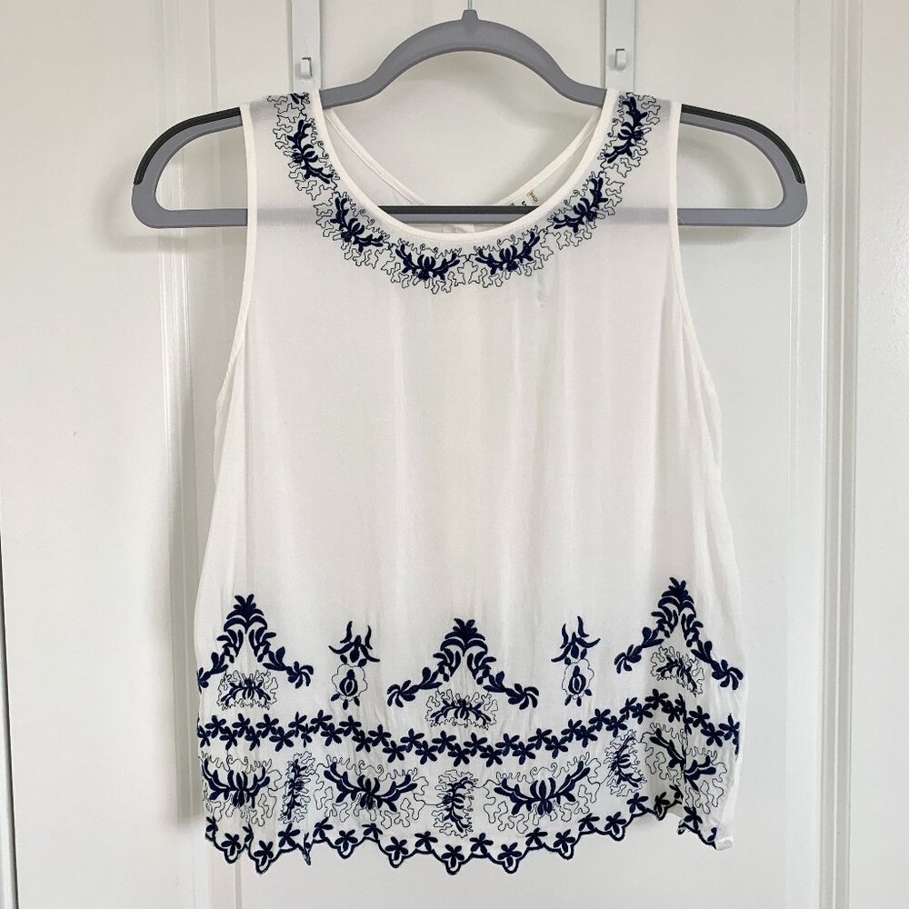 White and Navy Blue Embroidered Blouse Size XS